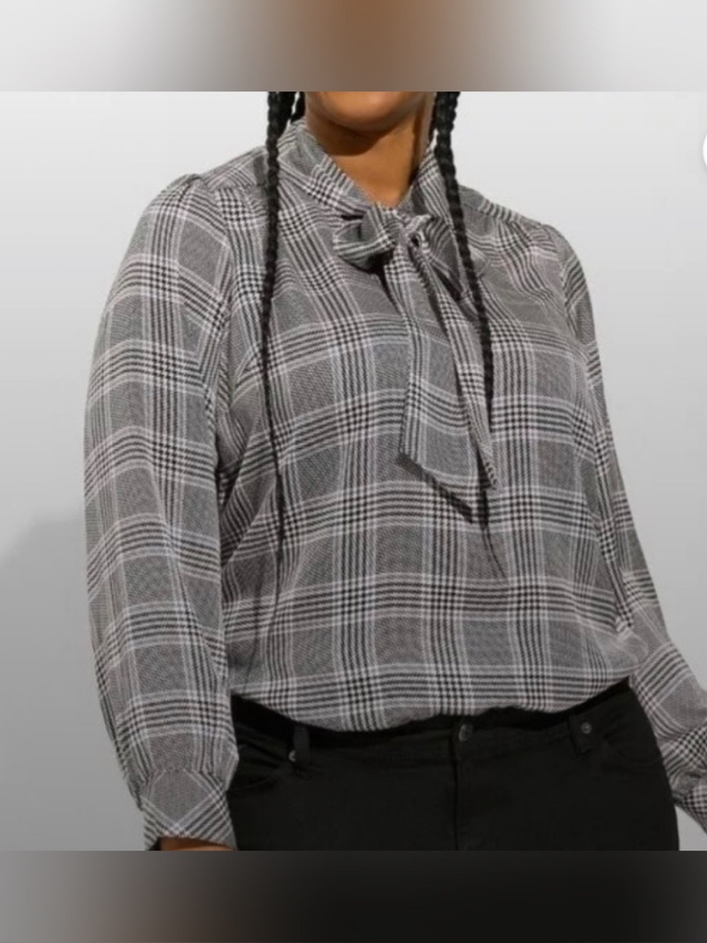 Torrid - Studio Bubble Satin Bow Tie Blouse - Glen Plaid - 4